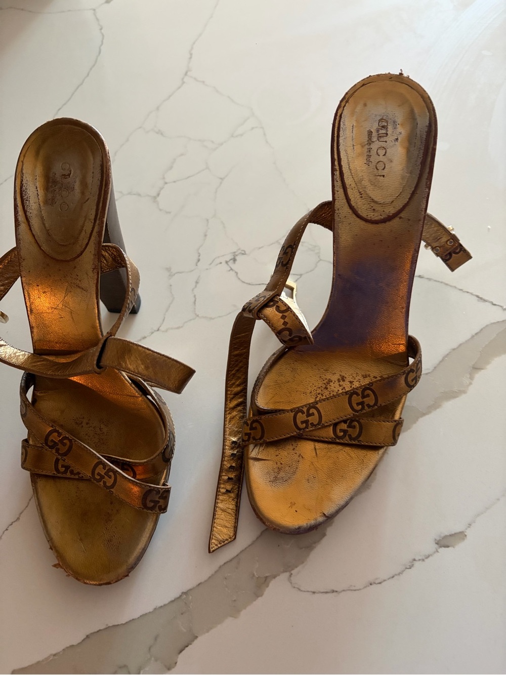 Gucci Metallic Bronze GG Logo Strappy Heels - Picture 6 of 7
